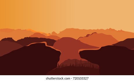 Abstract image of sunset or dawn sun over the mountains at the background. Mountain landscape. Vector illustration