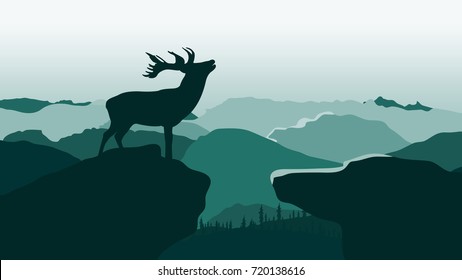 Abstract image of a sunset or dawn sun over the mountains at the background with deer. Mountain landscape. Vector illustration
