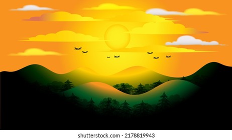 Abstract image of sunset, evening sun, cloudy sky over mountains in the background and dense forest stretching to the valley in the foreground, forest mountain landscape as background. Designed with v
