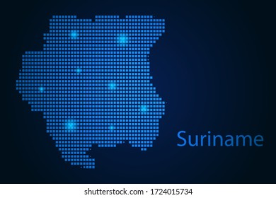 Abstract image Suriname map from pixels blue and glowing stars on a dark background. Vector illustration eps 10.