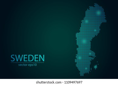 Abstract Image Sweden Map From Pixel Emerald Green and Glowing Stars on a Dark Background. Vector illustration Eps 10.