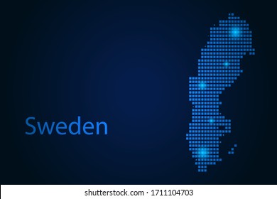 Abstraktes Bild Schweden Karte von Pixeln blauen und leuchtenden Sternen auf dunklem Hintergrund. Vektorillustration, Abbildung eps10.