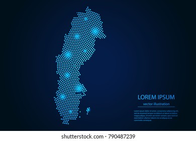 Abstract image Sweden map from point blue and glowing stars on a dark background. vector illustration.