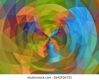 Una Imagen abstracta con un remolino, caleidoscopio, patrón de Formas geométricas superpuestas en una paleta vibrante de azules, verdes, naranjas y púrpuras, que emana de un punto central.