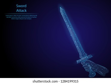 Abstract image Sword in hand in the form of a starry sky or space, consisting of points, lines, and shapes in the form of planets, stars and the universe. Low poly vector background.