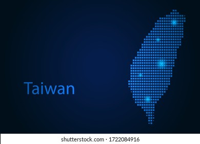 Abstract image Taiwan map from pixels blue and glowing stars on a dark background. Vector illustration eps 10.