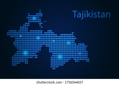 Abstract image Tajikistan map from pixels blue and glowing stars on a dark background. Vector illustration eps 10.