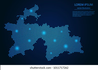 Abstract image Tajikistan map from point blue and glowing stars on a dark background. vector illustration.