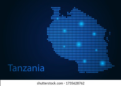 Abstract image Tanzania map from pixels blue and glowing stars on a dark background. Vector illustration eps 10.