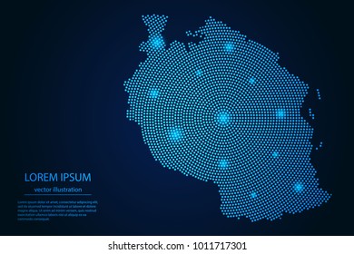 Abstract image Tanzania map from point blue and glowing stars on a dark background. vector illustration.
