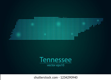 Abstract Image Tennessee Map From Pixel Emerald Green and Glowing Stars on a Dark Background. Vector illustration Eps 10.