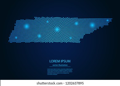 Abstract image Tennessee map from point blue and glowing stars on a dark background. vector illustration. 