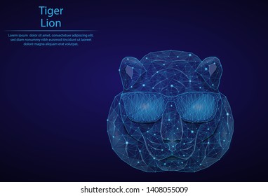 Abstract image Tiger with glasses in the form of a starry sky or space, consisting of points, lines, and shapes in the form of planets, stars and the universe. Low poly vector background.
