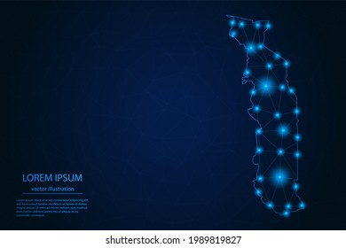 Imagen abstracta mapa de Togo - Con puntos y líneas de resplandor azul en fondo de gradiente oscuro, conexión de red de polígono de malla 3D, Ilustración vectorial Eps 10.