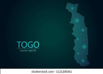 Abstract Image Togo Map Pixel look Emerald Green and Glowing Stars on a Dark Background. Vector illustration Eps 10.