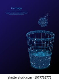 Abstract image of a trash can and garbage in the form of a starry sky or space, consisting of points, lines, and shapes in the form of planets, stars and the universe.