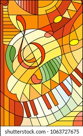 Abstract image of a treble clef in stained glass style ,in yellow orange tones