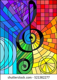 Abstract image of a treble clef in stained glass style rainbow background