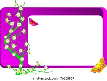 Abstract image of a tree branch with a blossoming flower and flying butterflies against the backdrop of a business card with space for your text.