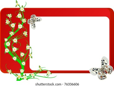 Abstract image of a tree branch with a blossoming flower and flying butterflies against the backdrop of a business card with space for your text.