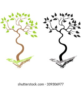 Abstract image of trees, green tree, a black-and-white tree. Vector illustration.