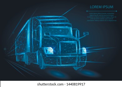 Abstract image of a Truck consisting of points, lines, and shapes. 3d heavy lorry van on Highway road. Transportation vehicle, delivery transport, cargo logistic vector polygonal illustration