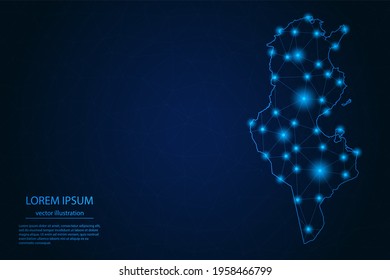 Mapa de Túnez de imagen abstracta - Con puntos y líneas de resplandor azul en fondo de gradiente oscuro, conexión de red de polígono de malla 3D, Ilustración vectorial Eps 10.