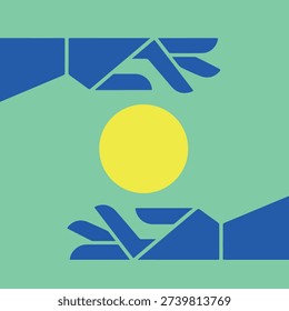 Abstract image of two blue hands holding a yellow circle against a light green background, creating a minimalist and modern design.

