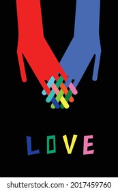 Abstract image with two blue and red hands holding hands. Inscription love