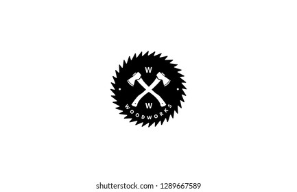 Abstract image of two crossed axes on the background of a saw made in the form of a stamp.