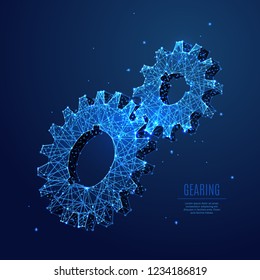 Abstract image of two gears in the form of a starry sky or space, consisting of points, lines, and shapes in the form of planets, stars and the universe. Mechanical gearing vector wireframe concept