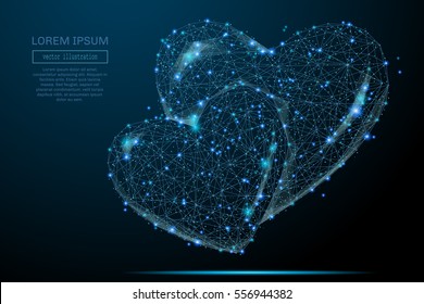 Abstract image of two hearts in the form of a starry sky or space, consisting of points, lines, and shapes in the form of planets, stars and the universe. Saint Valentines Day vector wireframe concept