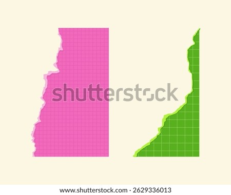 An abstract image with two torn paper pieces on a cream background—pink with horizontal lines on the left and light green with a square grid on the right. 
