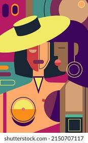 Abstract image of two women of different nationalities. Vector graphics.