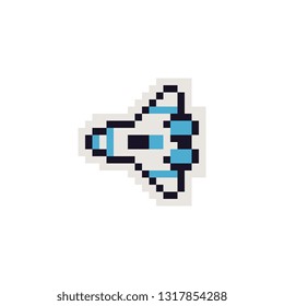 Abstract image of a ufo spaceship pixel art icon. Cute spacecraft logo for game. Design for sticker, mobile app and embroidery. Game assets 8-bit sprite. 8-bit. Isolated vector illustration. 