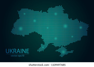 Abstract Image Ukraine Map From Pixel Emerald Green and Glowing Stars on a Dark Background. Vector illustration Eps 10.