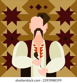 Abstract image of a Ukrainian Cossack on a geometric background in brown, burgundy and mustard colours 