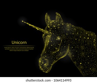 Abstract image of a unicorn consisting of Golden lines and points, in the form of a starry sky and constellations.