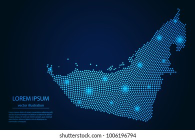 Abstract image United Arab Emirates map from point blue and glowing stars on a dark background. Vector Illustration.