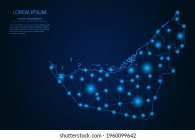 Abstract image United Arab Emirates map - With Blue Glow Dots And Lines On Dark Gradient Background, 3D Mesh Polygon Network Connection, Vector Illustration Eps 10.