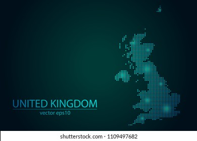 Abstract Image United Kingdom Map From Pixel Emerald Green and Glowing Stars on a Dark Background. Vector illustration Eps 10.