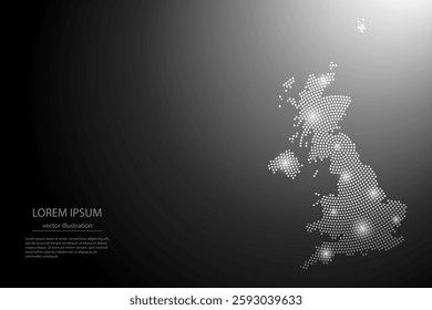 Abstract image United Kingdom map from point Gray and glowing stars on a dark background. Vector illustration eps 10.