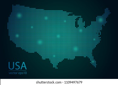 Abstract Image United States of America Map From Pixel Emerald Green and Glowing Stars on a Dark Background. Vector illustration Eps 10.