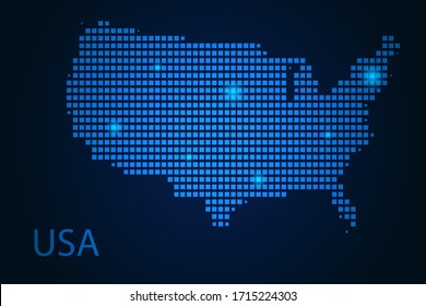 Abstract image United States map from pixels blue and glowing stars on a dark background. Vector illustration eps 10.