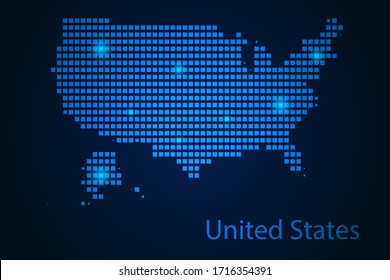 Abstract image United States map from pixels blue and glowing stars on a dark background. Vector illustration eps 10.