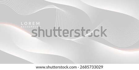 The abstract image uses light gray to white tones, with multiple layers of slender white wavy lines flowing smoothly and curvingly. The background is elegant and simple.
