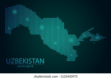 Abstract Image Uzbekistan Map Pixel look Emerald Green and Glowing Stars on a Dark Background. Vector illustration Eps 10.