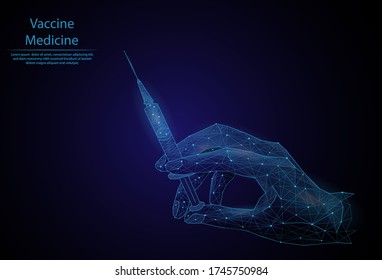 Abstract image vaccine in the form of a starry sky or space, consisting of points, lines, and shapes in the form of planets, stars and the universe. 3D Low poly vector. Hand with a syringe 