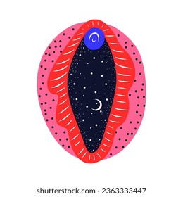 imagen abstracta de una vagina. espacio exterior, planetas, luna y estrellas. tentador de serpientes y hierbas vegetales. impresión en tela y papel. feminismo radical. vector