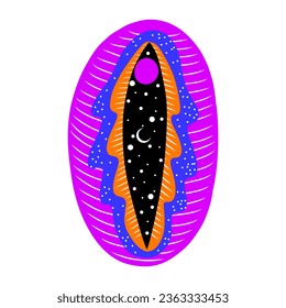 abstract image of a vagina. outer space, planets, moon and stars. snake tempter and plant herbs. printing on fabric and paper. radical feminism. vector